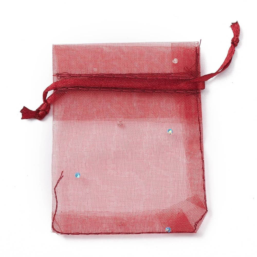 10st röda organza påsar med paljetter - 9 x 7cm