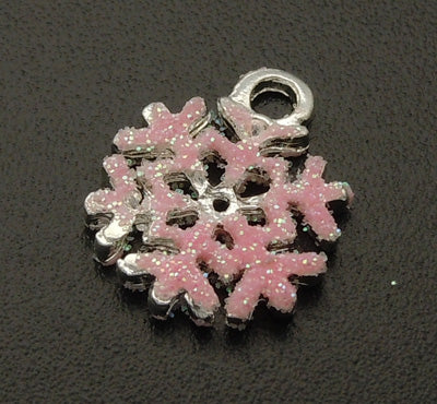 Rosa glittrig Snöflinga - emaljerat hänge berlock