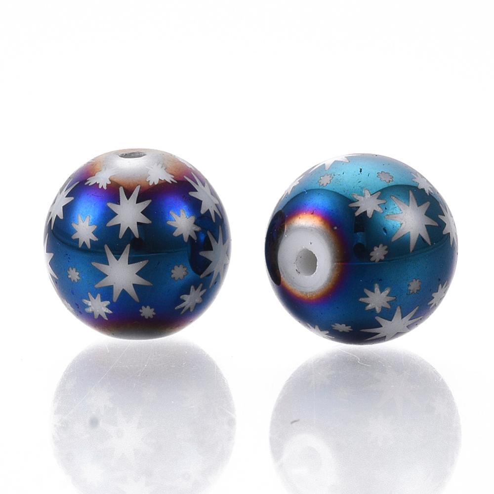 20st Glaspärlor blåa med stjärnor - 10mm - JUL