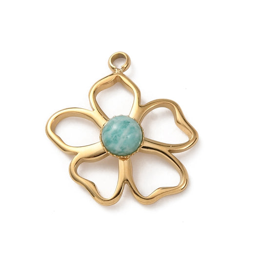 1st Amazonit blomma hänge i guldfärgat 304 rostfritt stål - 20mm
