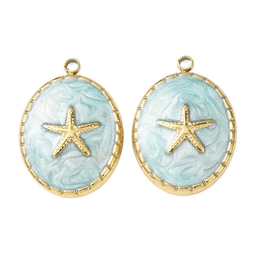 1st ovalt emaljerat hänge berlock sjöstjärna i guldfärgat 304 rostfritt stål - 18K guldplätering