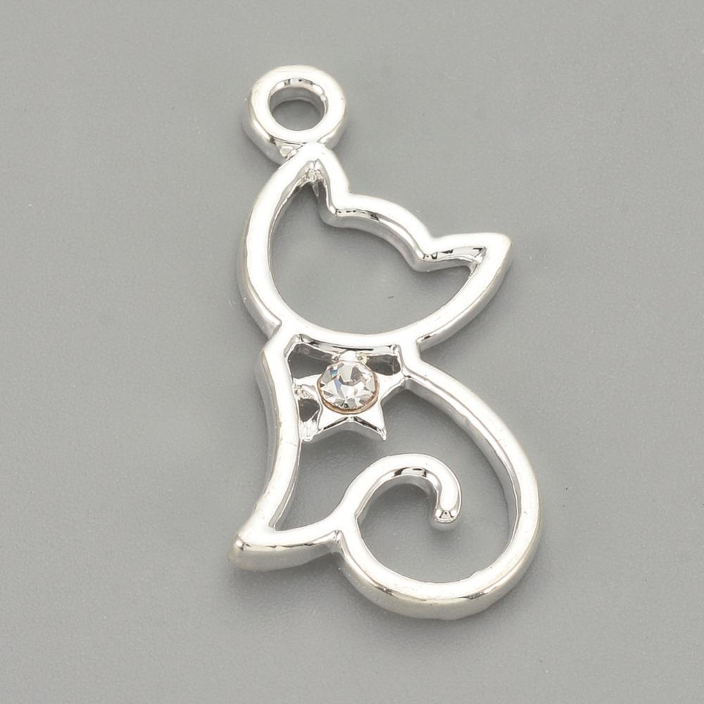Silverfärgad katt hänge med strass - 1st