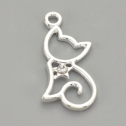 Silverfärgad katt hänge med strass - 1st