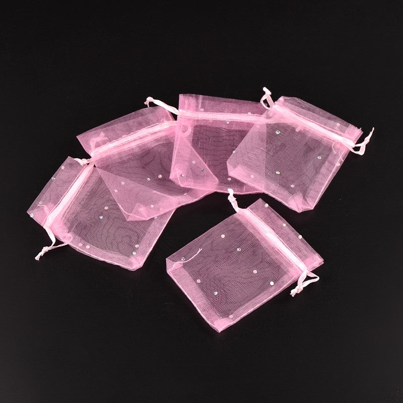 10st rosa organza påsar med paljetter - 9 x 7cm